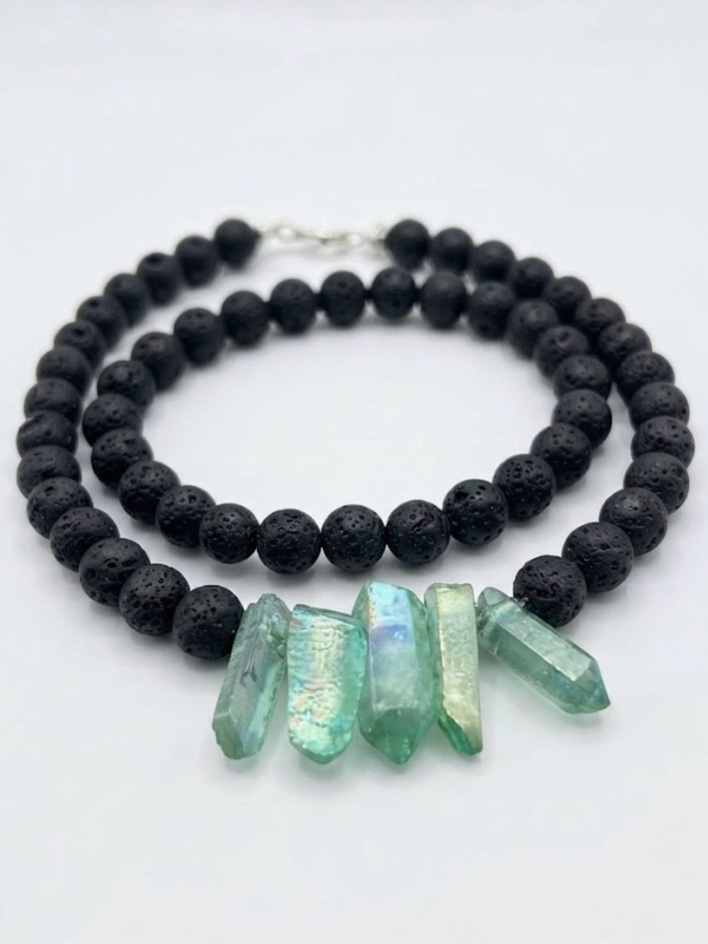 Black Lava Bead Necklace with Green Crystal Points